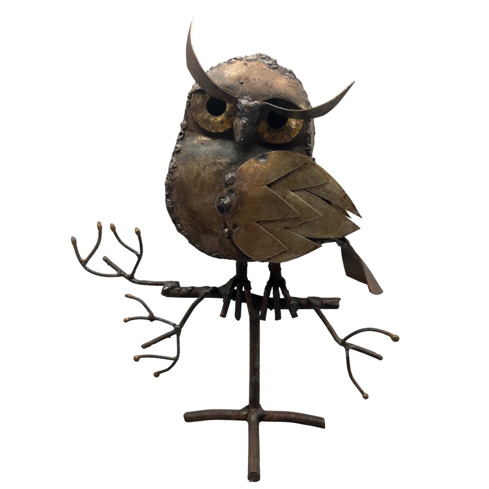 Hand Crafted Brutalist‎ Metal Owl on perch Sculpture MCM Art Vintage